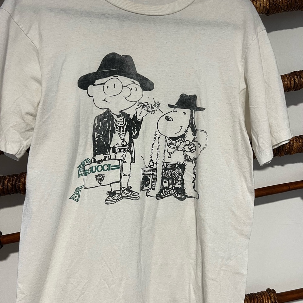 White Short Sleeve Tee with Cartoon Graphic